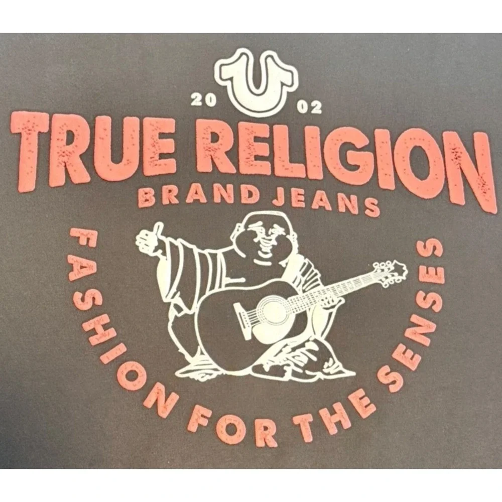 True Religion Full Zip Hoodie Mens XXL 2X Black Red Stitching Buddha Logo Y2K